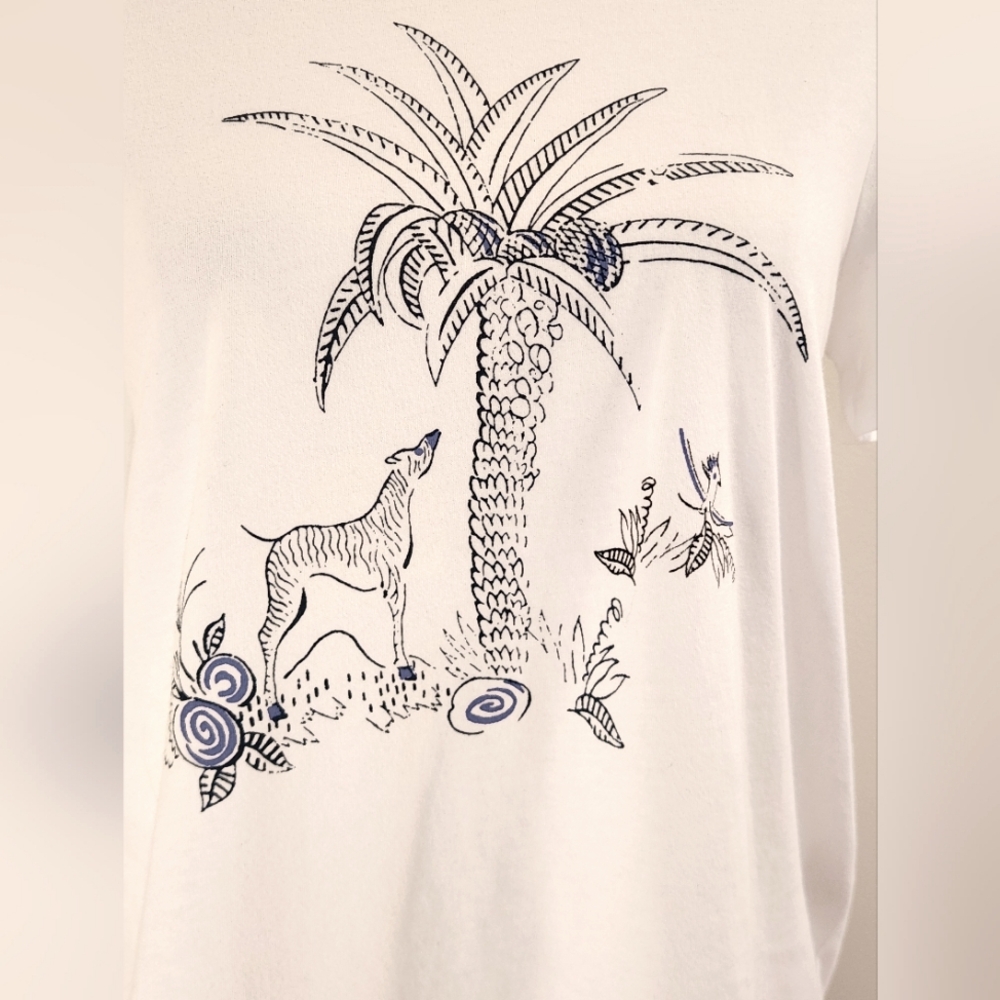 NWT || ANTHROPOLOGIE || Zebra Palm Tree graphic T, white/blue, sz S - Picture 3 of 7